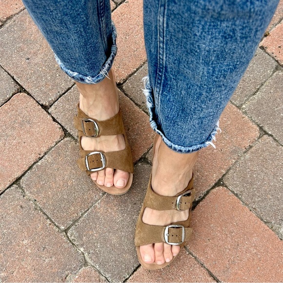 Yokono Cork Wedge Tan Suede Double StrapSandals Buckle Slides Size 8 - Picture 1 of 9